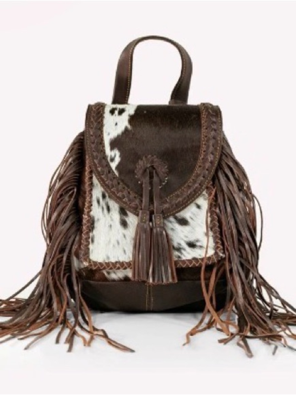 BR Leather- Genuine Leather- Brown Fringe Cowhide Accent Backpack- NWT